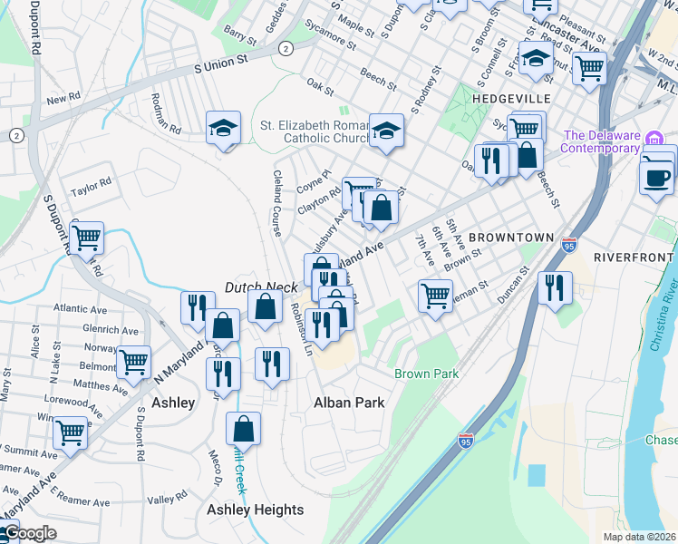 map of restaurants, bars, coffee shops, grocery stores, and more near 9 Yale Road in Wilmington