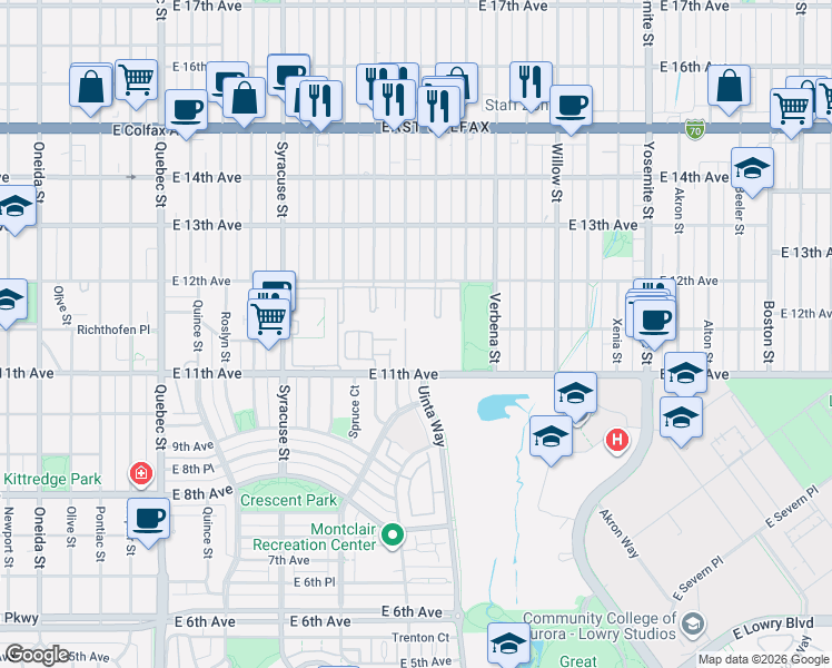 map of restaurants, bars, coffee shops, grocery stores, and more near 8105 East 11th Avenue in Denver
