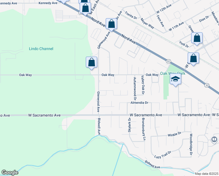 map of restaurants, bars, coffee shops, grocery stores, and more near 1900 Wisteria Lane in Chico