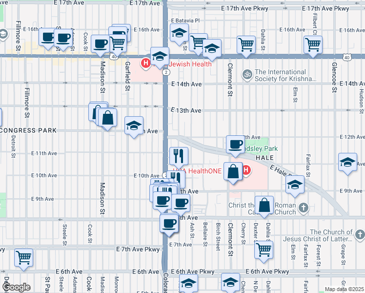 map of restaurants, bars, coffee shops, grocery stores, and more near 1170 Ash Street in Denver
