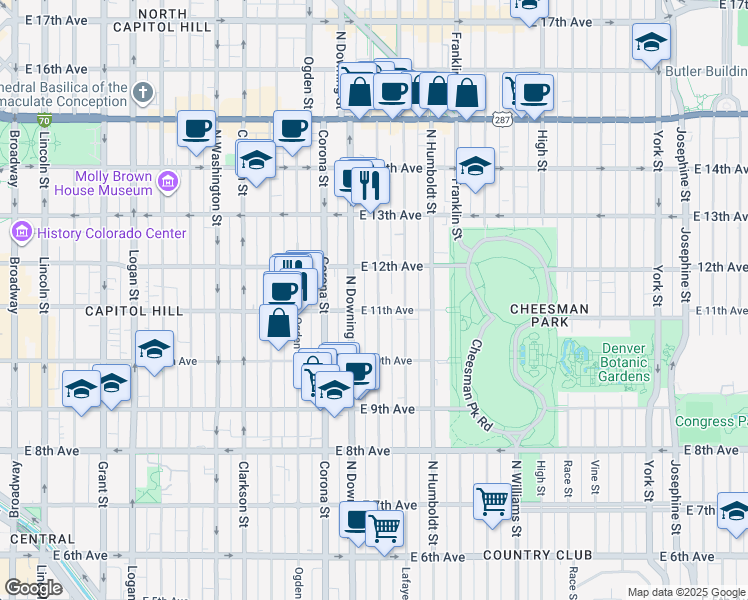 map of restaurants, bars, coffee shops, grocery stores, and more near 1316 East 11th Avenue in Denver