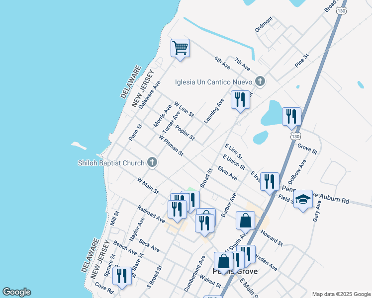 map of restaurants, bars, coffee shops, grocery stores, and more near 81 Lanning Avenue in Penns Grove