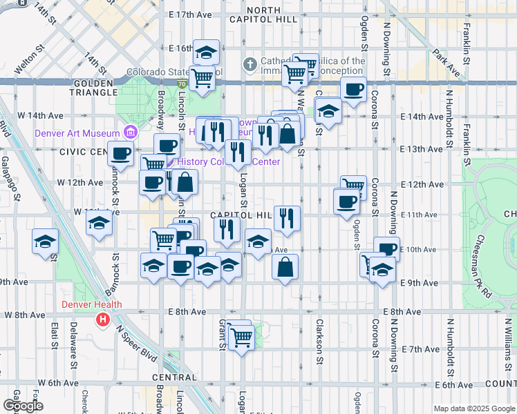 map of restaurants, bars, coffee shops, grocery stores, and more near 1117 Pennsylvania Street in Denver