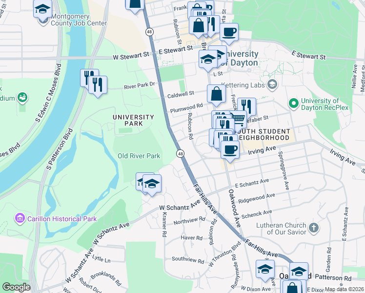 map of restaurants, bars, coffee shops, grocery stores, and more near in Dayton