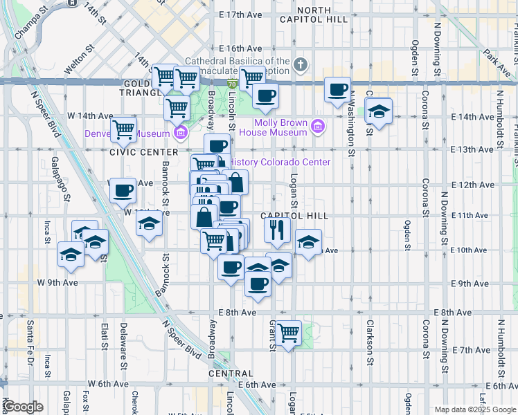 map of restaurants, bars, coffee shops, grocery stores, and more near 215 East 11th Avenue in Denver