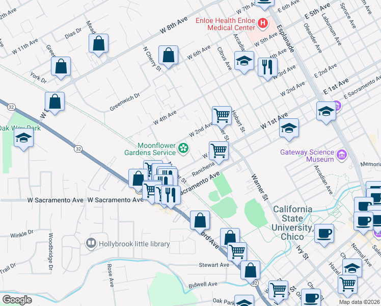 map of restaurants, bars, coffee shops, grocery stores, and more near 2 Klondike Court in Chico