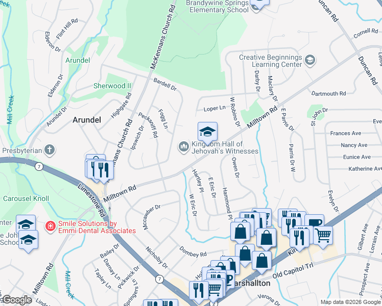 map of restaurants, bars, coffee shops, grocery stores, and more near in New Castle County