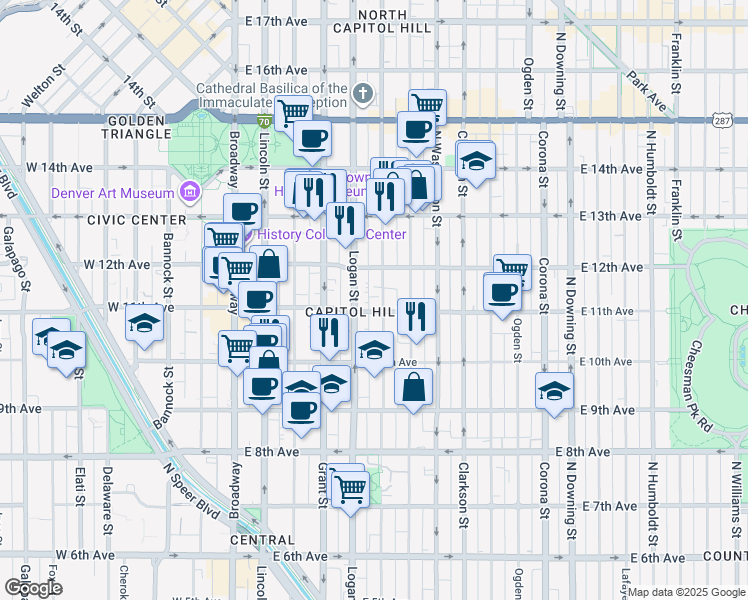 map of restaurants, bars, coffee shops, grocery stores, and more near in Denver