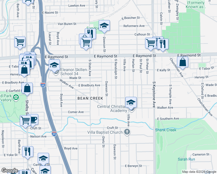 map of restaurants, bars, coffee shops, grocery stores, and more near 1821 East Bradbury Avenue in Indianapolis