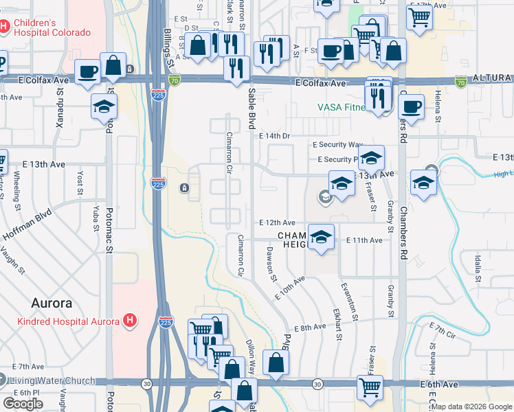 map of restaurants, bars, coffee shops, grocery stores, and more near 14517 East 12th Avenue in Aurora