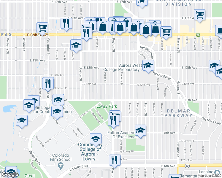 map of restaurants, bars, coffee shops, grocery stores, and more near 1133 Dayton Street in Aurora