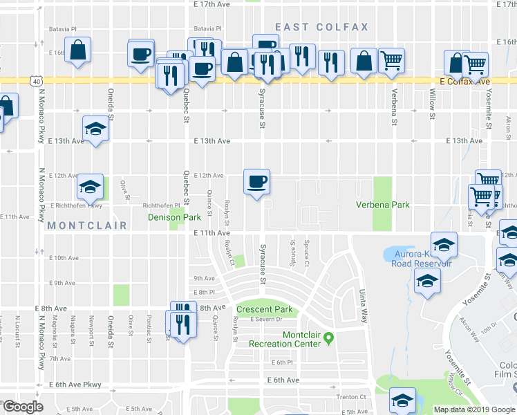 map of restaurants, bars, coffee shops, grocery stores, and more near in Denver