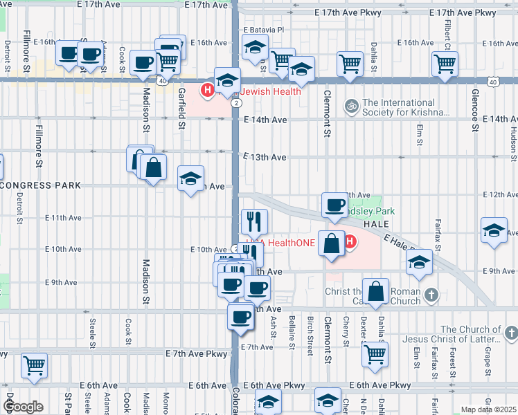 map of restaurants, bars, coffee shops, grocery stores, and more near 1170 Ash Street in Denver