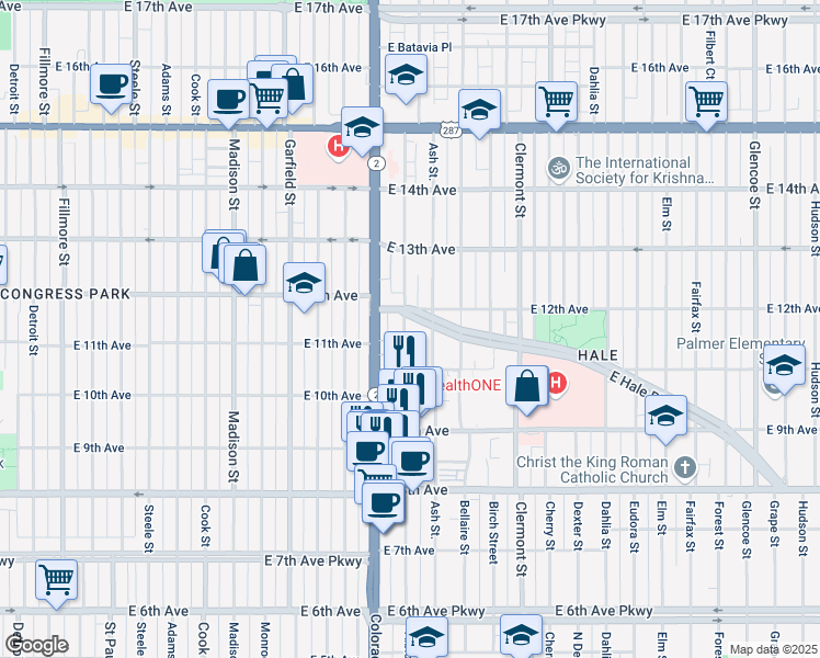 map of restaurants, bars, coffee shops, grocery stores, and more near 1145 Albion Street in Denver