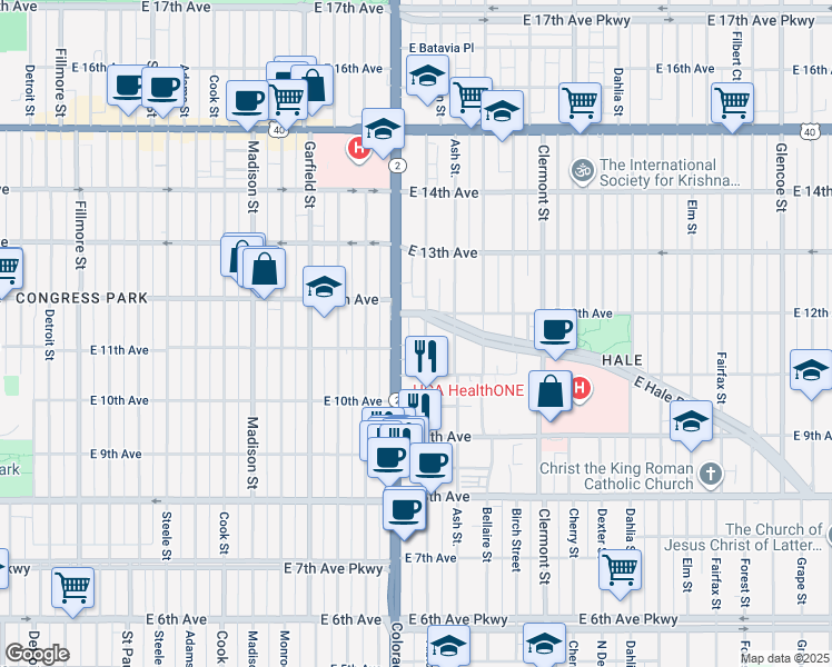 map of restaurants, bars, coffee shops, grocery stores, and more near 1145 Albion Street in Denver