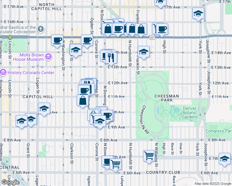 map of restaurants, bars, coffee shops, grocery stores, and more near 1316 East 11th Avenue in Denver