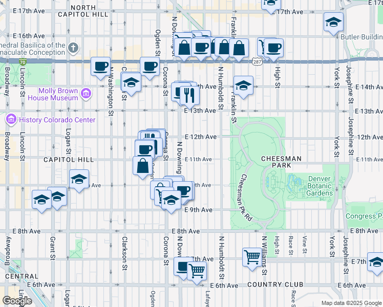 map of restaurants, bars, coffee shops, grocery stores, and more near 1316 East 11th Avenue in Denver