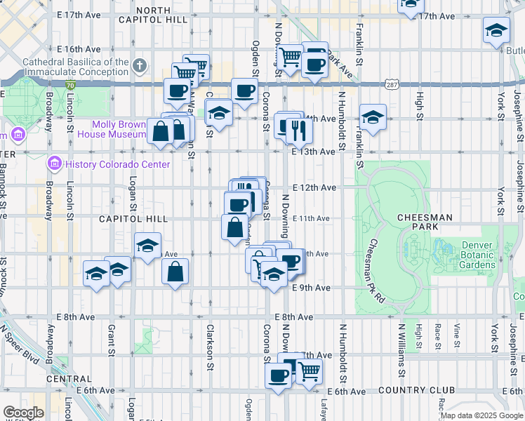 map of restaurants, bars, coffee shops, grocery stores, and more near in Denver