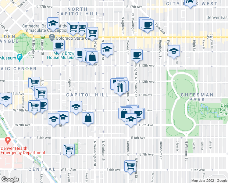 map of restaurants, bars, coffee shops, grocery stores, and more near 900 East 11th Avenue in Denver