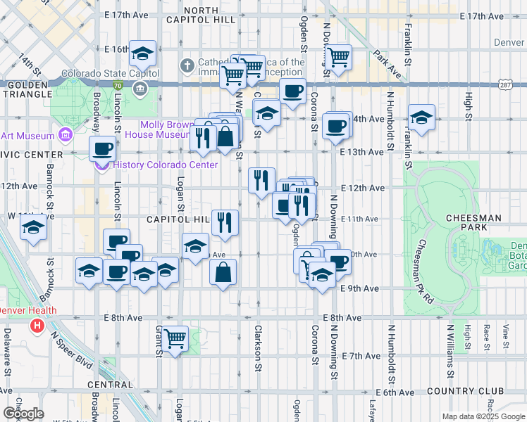 map of restaurants, bars, coffee shops, grocery stores, and more near in Denver