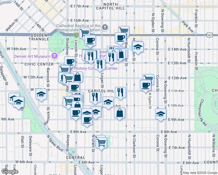 map of restaurants, bars, coffee shops, grocery stores, and more near 1117 Pennsylvania Street in Denver