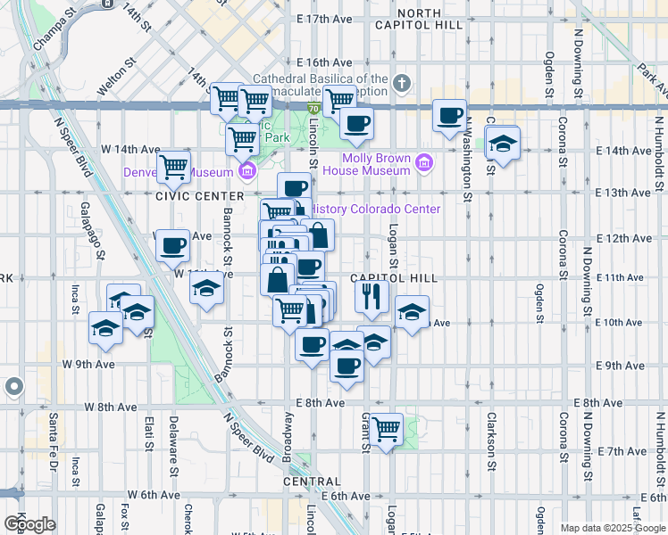 map of restaurants, bars, coffee shops, grocery stores, and more near 1075 Sherman Street in Denver