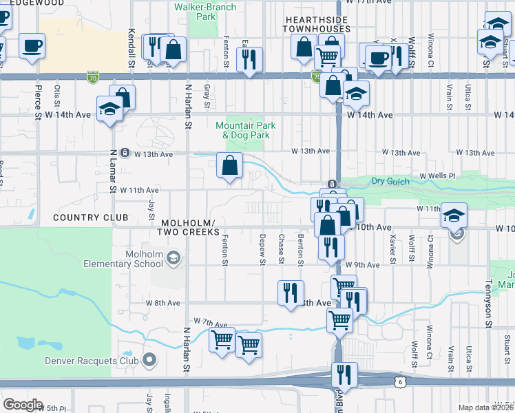 map of restaurants, bars, coffee shops, grocery stores, and more near 5642 West 10th Place in Lakewood