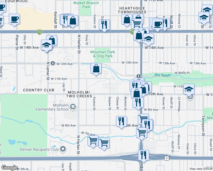 map of restaurants, bars, coffee shops, grocery stores, and more near 5642 West 10th Place in Lakewood