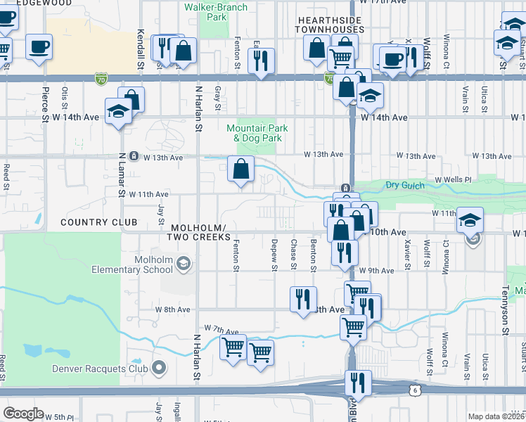 map of restaurants, bars, coffee shops, grocery stores, and more near 5642 West 10th Place in Lakewood