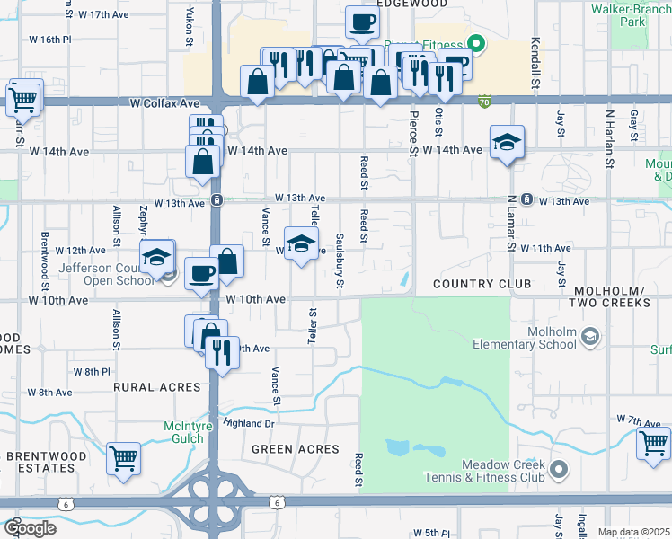 map of restaurants, bars, coffee shops, grocery stores, and more near 1060 Saulsbury Street in Lakewood