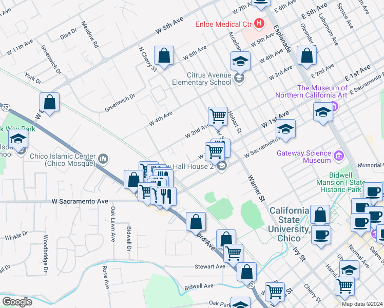 map of restaurants, bars, coffee shops, grocery stores, and more near 725 West 1st Avenue in Chico