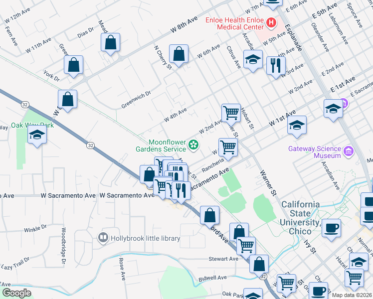 map of restaurants, bars, coffee shops, grocery stores, and more near 806 West 1st Avenue in Chico