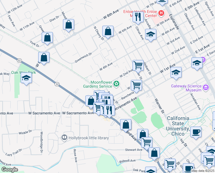 map of restaurants, bars, coffee shops, grocery stores, and more near 1127 North Cedar Street in Chico