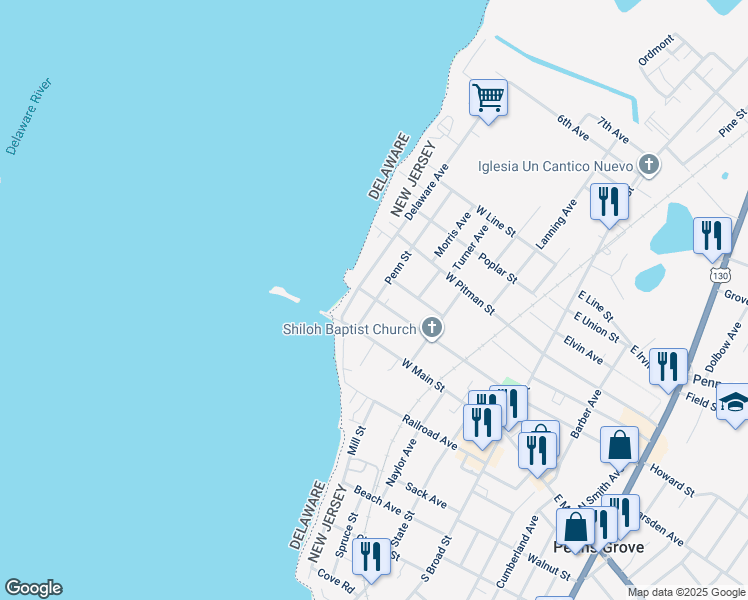 map of restaurants, bars, coffee shops, grocery stores, and more near 11 Penn Street in Penns Grove