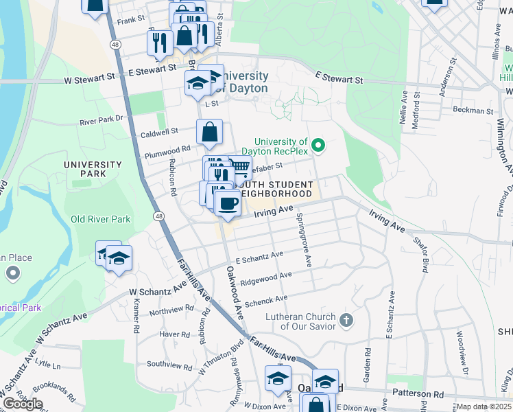 map of restaurants, bars, coffee shops, grocery stores, and more near 246 Irving Avenue in Dayton