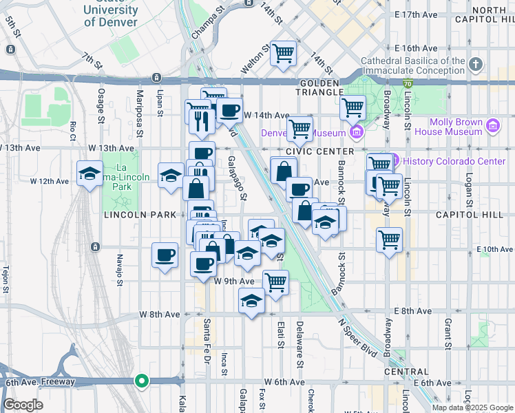 map of restaurants, bars, coffee shops, grocery stores, and more near 601 West 11th Avenue in Denver