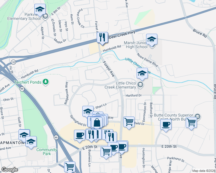 map of restaurants, bars, coffee shops, grocery stores, and more near 1650 Forest Avenue in Chico