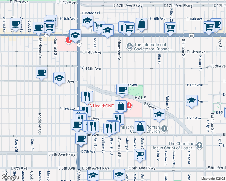 map of restaurants, bars, coffee shops, grocery stores, and more near East Hale Parkway in Denver