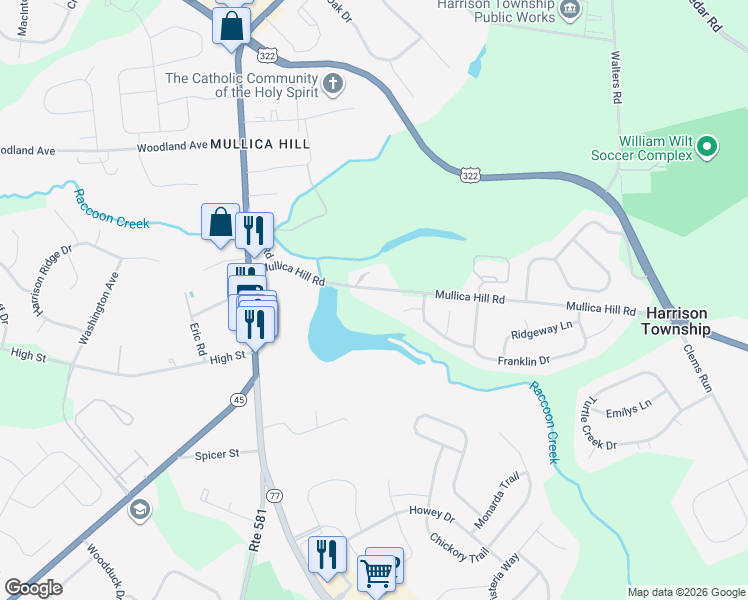 map of restaurants, bars, coffee shops, grocery stores, and more near 132 Mullica Hill Road in Harrison Township