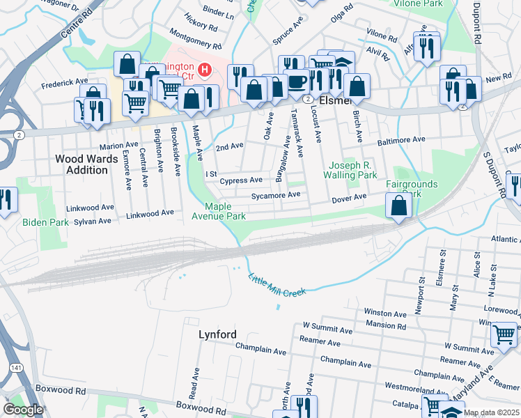 map of restaurants, bars, coffee shops, grocery stores, and more near 1325 Maple Avenue in Wilmington