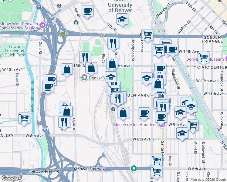map of restaurants, bars, coffee shops, grocery stores, and more near 1097 Osage Street in Denver