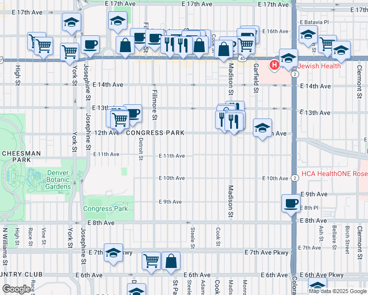 map of restaurants, bars, coffee shops, grocery stores, and more near 1076 Saint Paul Street in Denver