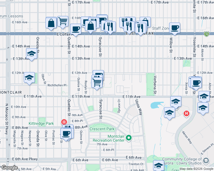 map of restaurants, bars, coffee shops, grocery stores, and more near 1150 Syracuse Street in Denver