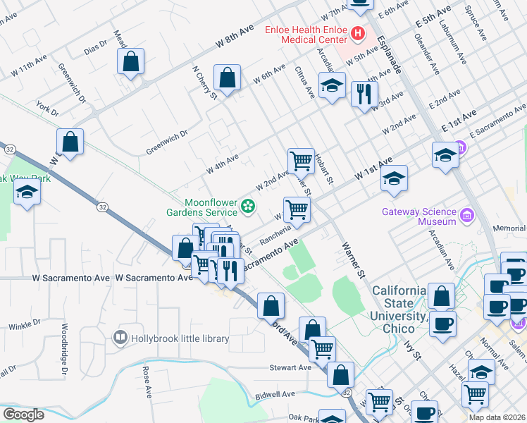 map of restaurants, bars, coffee shops, grocery stores, and more near 6 Klondike Court in Chico