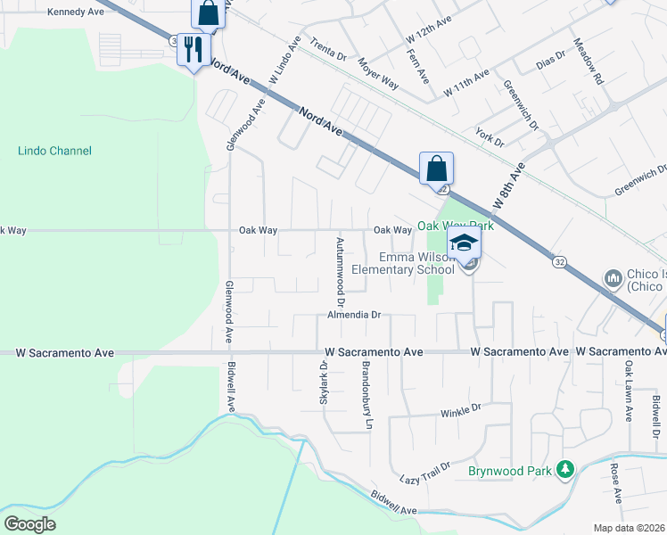 map of restaurants, bars, coffee shops, grocery stores, and more near 1117 Autumnwood Drive in Chico