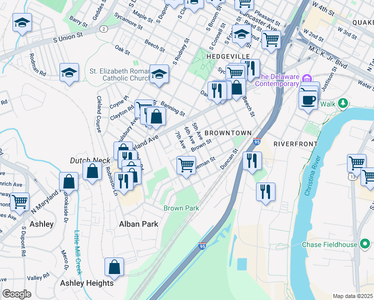 map of restaurants, bars, coffee shops, grocery stores, and more near 1209 Brown Street in Wilmington