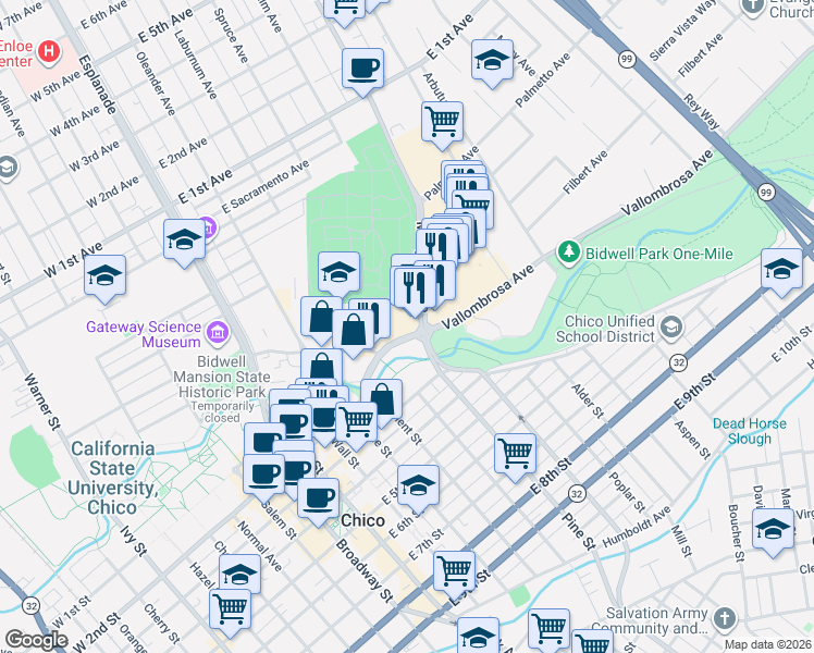 map of restaurants, bars, coffee shops, grocery stores, and more near 615 Mangrove Avenue in Chico