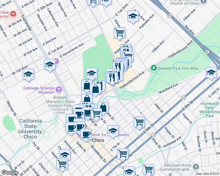 map of restaurants, bars, coffee shops, grocery stores, and more near 367-391 Vallombrosa Ave in Chico