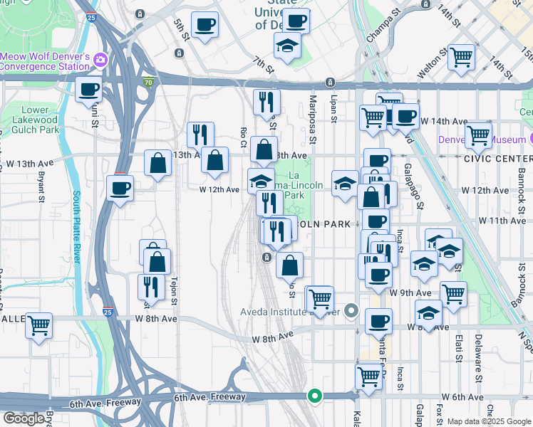 map of restaurants, bars, coffee shops, grocery stores, and more near 1097 Osage Street in Denver
