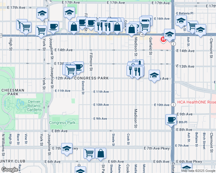 map of restaurants, bars, coffee shops, grocery stores, and more near 1124 Saint Paul Street in Denver
